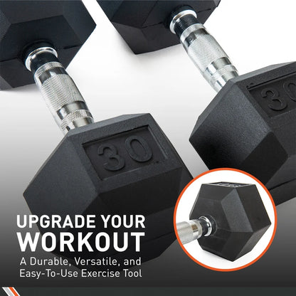 Rubber Encased Hex Dumbbell - Set of Two - Black/Metal - 65 Pounds