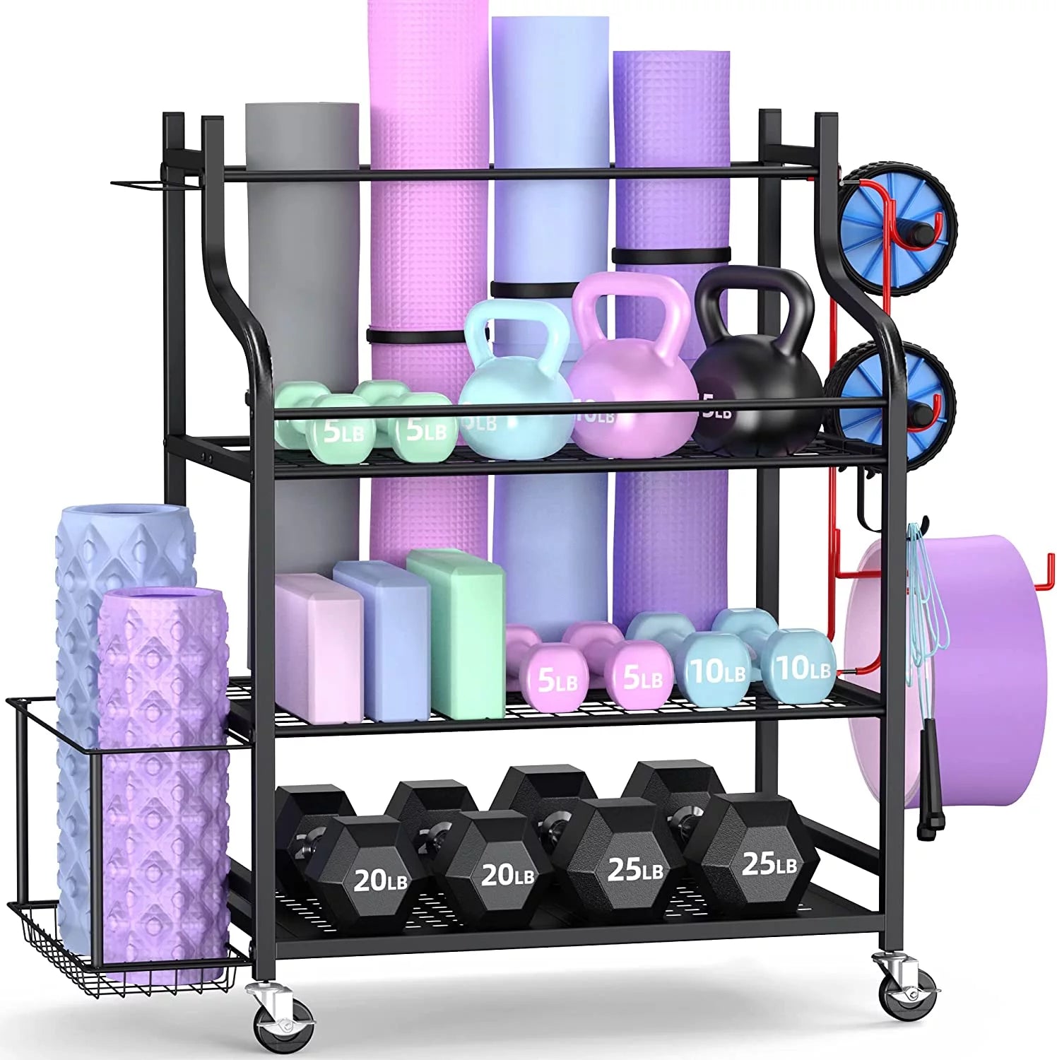 Yoga Mat Storage Racks,Home Gym Storage Rack for Dumbbells Kettlebells Foam Roller, Yoga Strap and Resistance Bands, Workout Equipment Storage Organizer with Hooks and Wheels