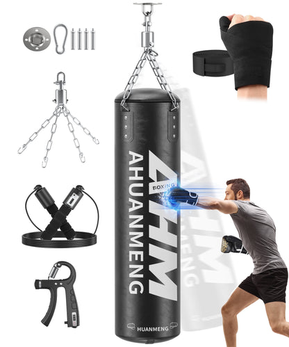 Heavy Punching Bag Kit Hanging Boxing Bag W/ Gloves Chain Ceiling Hook Grip Strengthener