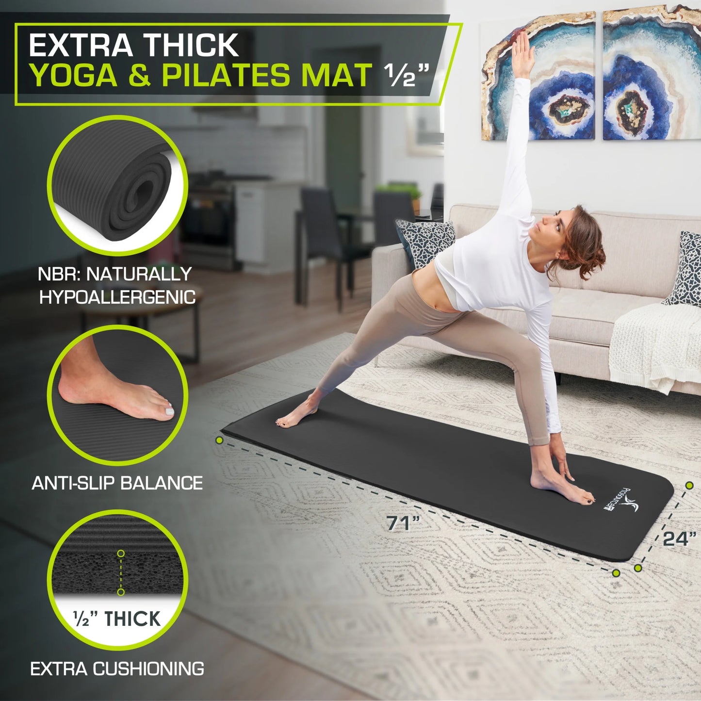 Extra Thick Yoga and Pilates Mat 1/2-Inch or 1-Inch Thick for Fitness 71”L X 24”W